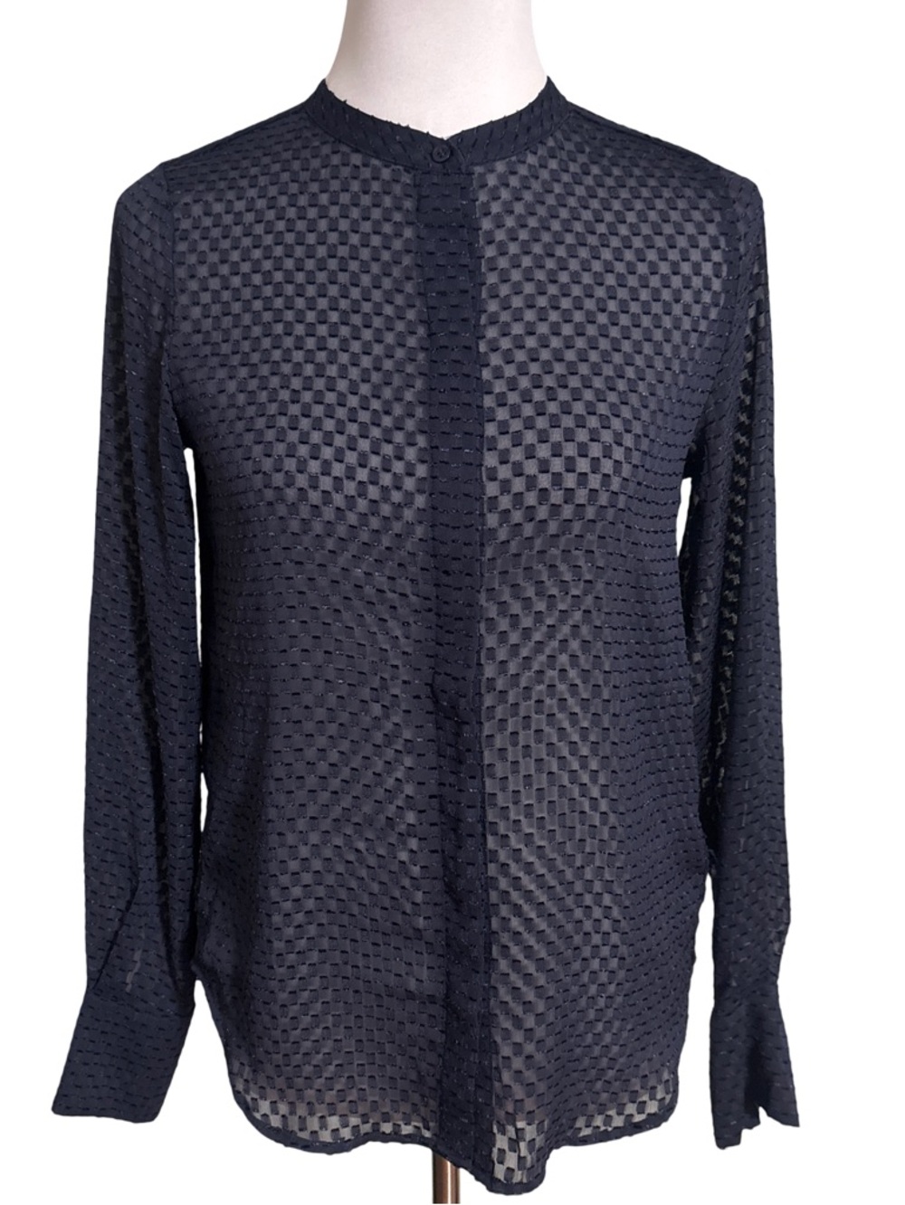 H&M Navy Blue Sheer Checker Button-Down Top